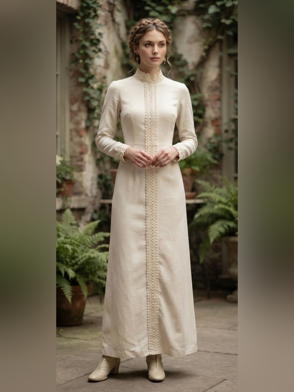 Vintage 70’s Victorian Prairie Revival High Neck Loop Lace Trim Wedding Dress